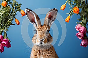 Easter greeting card, fluffy rabbit with flowers on blue background