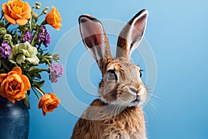 Easter greeting card, fluffy rabbit with flowers on blue background