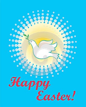 Easter greeting card with flying white dove with olive branch on the blue background with yellow sun. Flat design