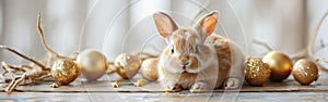 Easter Greeting Card with German Text Featuring Cute Little Bunny with Golden Easter Eggs on Table Isolated on White Background