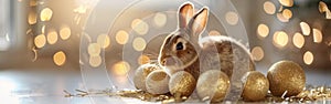 Easter Greeting Card with German Text Featuring Cute Little Bunny with Golden Easter Eggs on Table Isolated on White Background