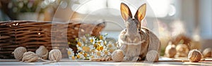 Easter Greeting Card with German Text Featuring Cute Little Bunny with Golden Easter Eggs on Table Isolated on White Background