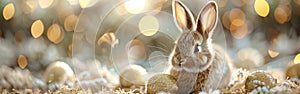 Easter Greeting Card with German Text Featuring Cute Little Bunny with Golden Easter Eggs on Table Isolated on White Background