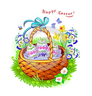 Easter greeting card. Illustration of basket with spring flowers and eggs. Happy holiday. Beautiful background for postcard,