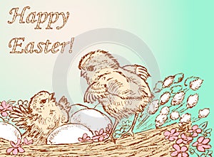 Easter greeting card with newborn chickens and eggs in basket with spring flowers