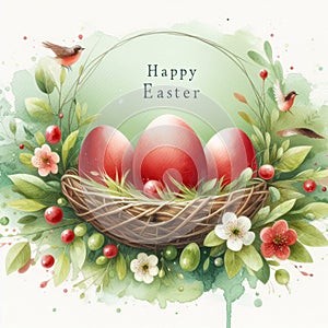 Easter greeting card with painted eggs in basket, bird and flowers on green background. Watercolor illustration.