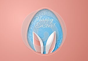 Easter greeting card with paper cut egg shape frame with bunny ears, blue floral pattern and Happy Easter lettering. Pastel pink