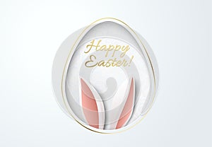 Easter greeting card with paper cut egg shape frame with bunny ears, floral pattern and gold Happy Easter lettering. White