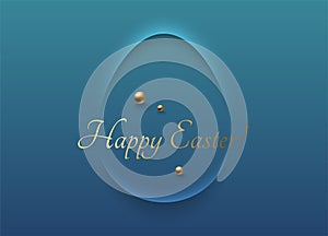 Easter greeting card pastel blue soft 3D egg shape abstract frame design. Happy Easter text with gold pearl beads. Vector design