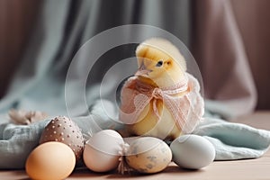 Easter greeting card with pastel colored Easter eggs and cute chick