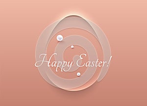 Easter greeting card pastel pink soft 3D egg shape abstract frame design. Happy Easter white text with pearl beads. Vector design