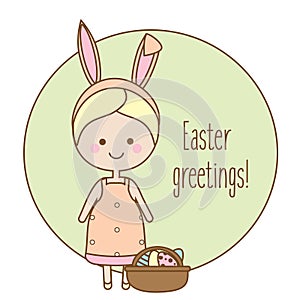 Easter greeting card, seasonal background. Cute smiling girl with bunny ears and eggs in basket