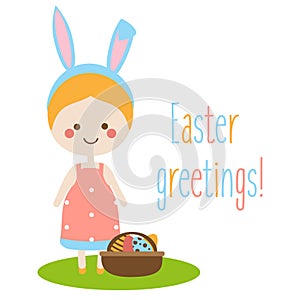 Easter greeting card, seasonal background. Cute smiling girl with bunny ears and eggs in basket