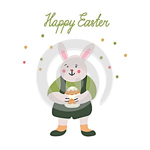 Easter greeting card with smiling little boy rabbit with an Easter egg