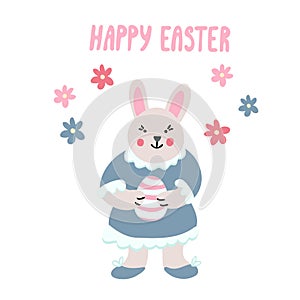 Easter greeting card with smiling little girl bunny with an Easter egg and flowers