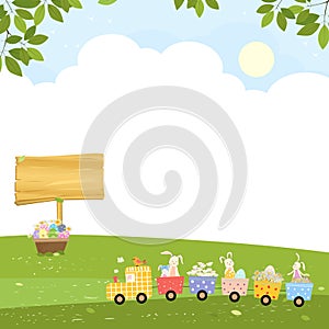 Easter greeting card, Spring background with bunny hunting Easter eggs and train carrying eggs on hills, Vector Cute cartoon