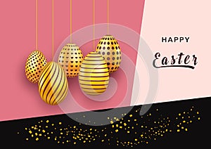 Easter greeting card template on abstract background with decorative hanging gold eggs and sparkling confetti.