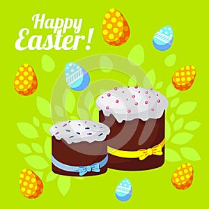 Easter greeting card with traditional cakes on a bright spring background. vector illustration