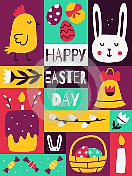 Easter Greeting card. Vertical graphic poster with cute flat symbols of Easter. Chicken, bunny, bell, candle. Colorful