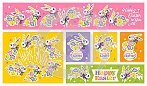 Easter greeting cards with cute rabbits and spring flowers. Vector illustrations set of bunnies and easter eggs