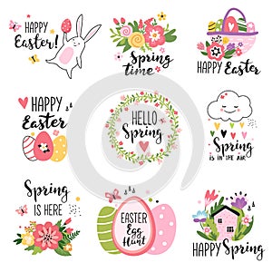 Easter greeting cards with egg hunt spring flowers and calligraphy text