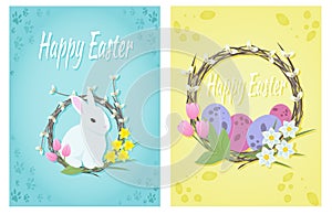 Easter greeting cards with willow wreath, eggs, bunny, cake and flowers