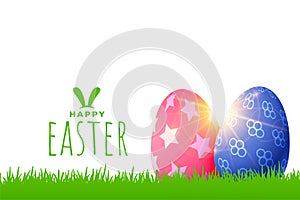 Easter greeting with colored eggs on grass