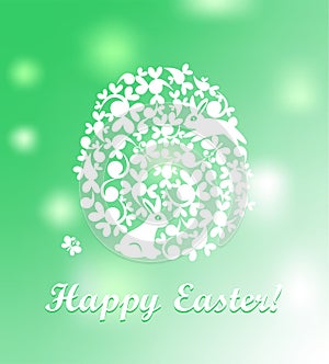 Easter greeting green shining card with paper cutting decorative egg with bunny