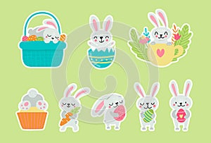 Easter greeting stickers with bunnies. Vector illustration. Set of cute cartoon characters and elements.