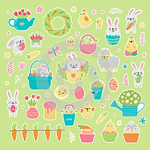 Easter greeting stickers with bunny, flowers, eggs. Vector illustration. Set of cute cartoon characters and elements.