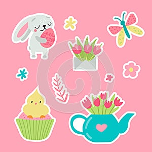 Easter greeting stickers with bunny. Vector illustration. Set of cute cartoon characters and elements.