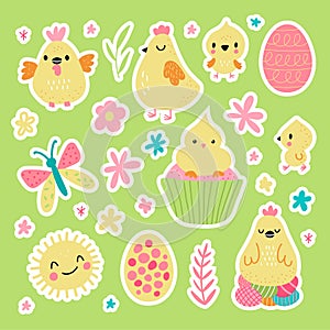 Easter greeting stickers with bunny. Vector illustration. Set of cute cartoon characters and elements