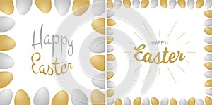 Easter greetings card. Gold - silver lettering isolated on white background with gold and silver realistic eggs.