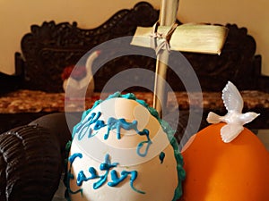 Easter greetings on egg with dove bird cross palm