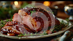 Easter ham with glaze, close-up shot, traditional serving platter, formal dining, centerpiece of Easter meal.