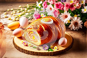 easter ham roll with eggs decorated with flowers on table