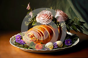 easter ham roll with flowers on platter