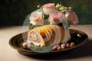 easter ham roll with flowers on platter