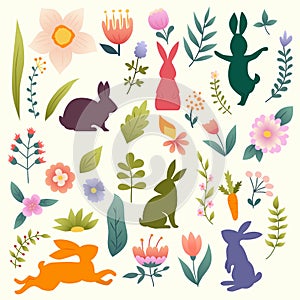 Easter hand drawn cartoon set. Cute characters and design elements. Easter elements with spring flowers and bunny in pastel colors