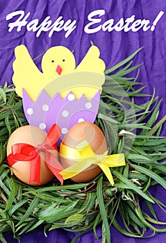 Easter hand made decorated greeting card: yellow eggs and hand made hatched chicken in eggshell in green grass twigs nest on purpl