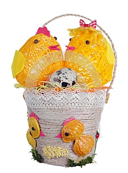 Easter handmade  basket  from rope and pasta  with funny chickens and guail egg isolated