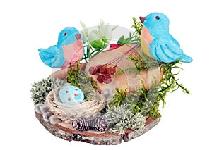 Easter handmade  nest from moss  and  birds  and eggs from clay   isolated