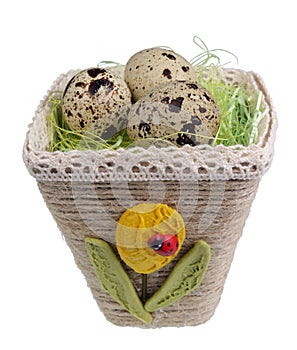 Easter handmade nest from rope with quail egg isolated