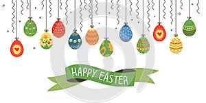 Easter hanging eggs spring banner. Decorative seasonal festive background. Happy holidays classy vector poster with