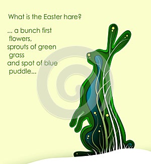Easter hare concept, Easter rabbit looks like layered paper card with grass and flowers, beautiful Easter holiday idea,