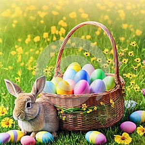 An Easter hare on a summer meadow with colored eggs