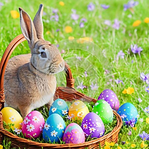 An Easter hare on a summer meadow with colored eggs