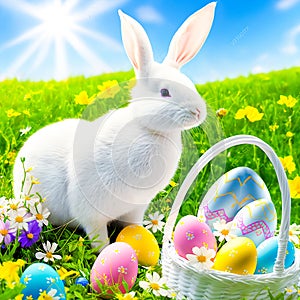 An Easter hare on a summer meadow with colored eggs