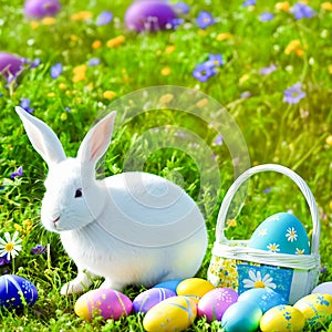 An Easter hare on a summer meadow with colored eggs