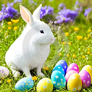 An Easter hare on a summer meadow with colored eggs